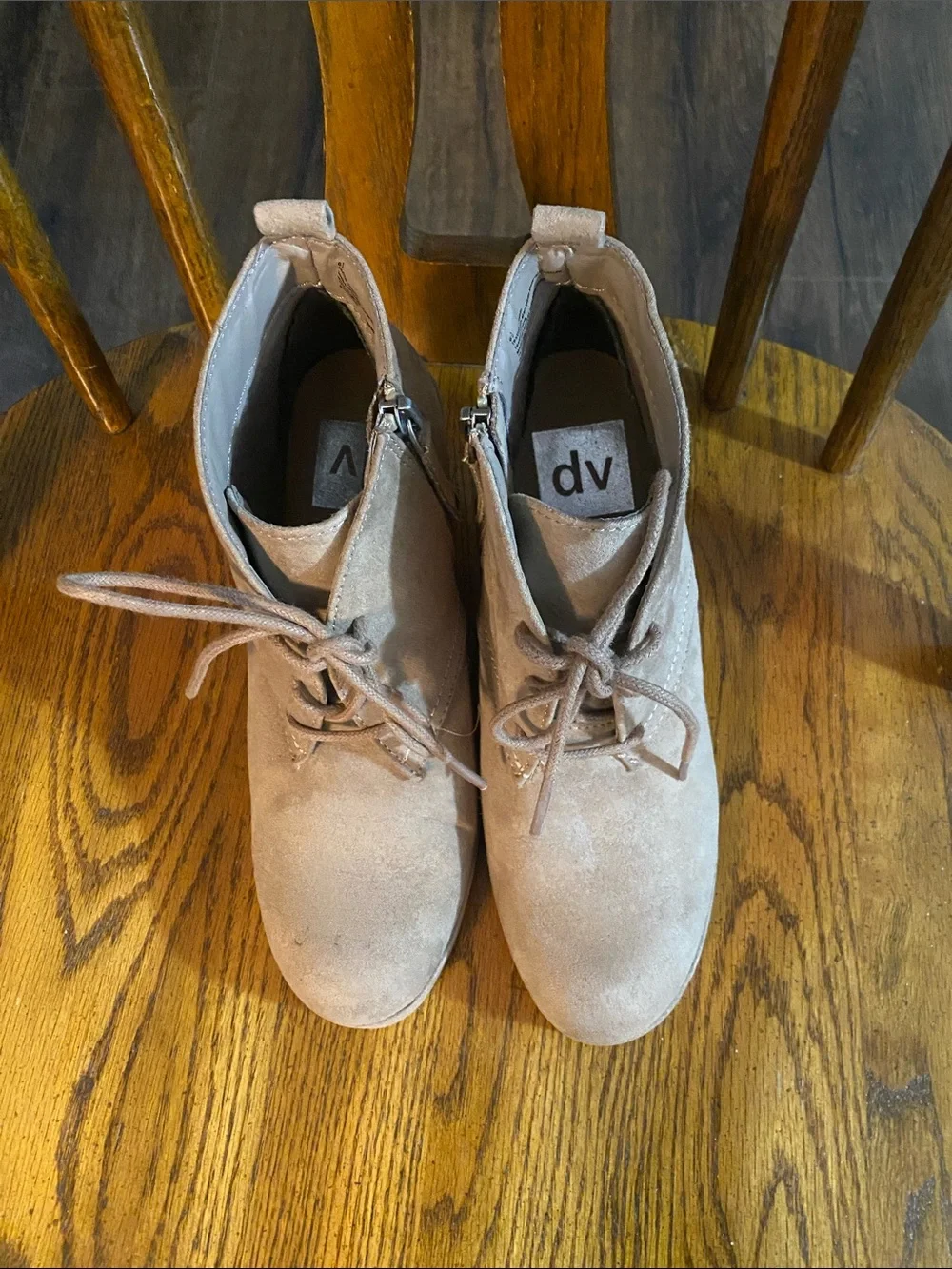DV by Dolce Vita Taupe Suede Lace-Up Wedge Booties